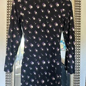 French Connection Black (with purple accent) Floral Long Sleeve Dress XS